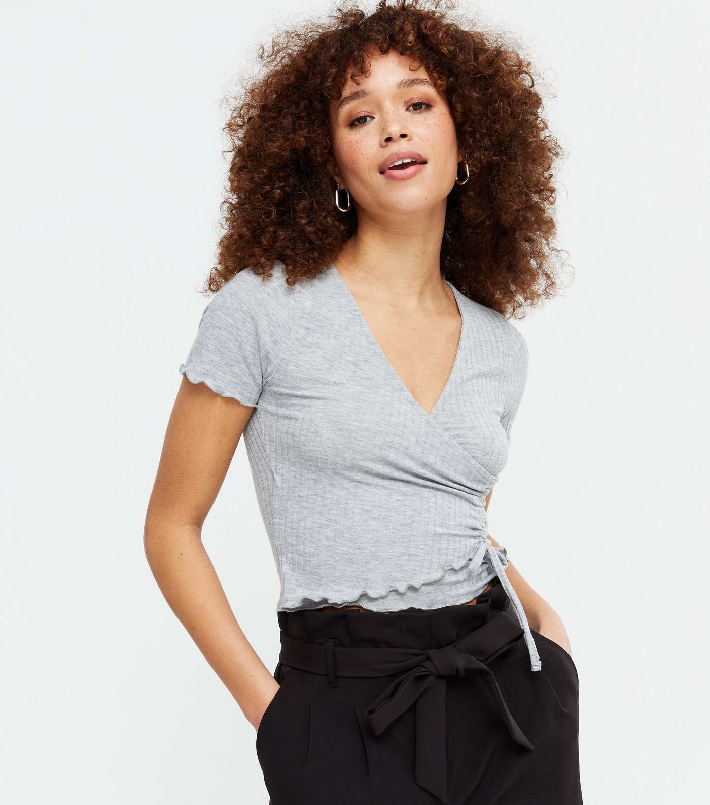 Grey Soft Ribbed Ruched Wrap Top