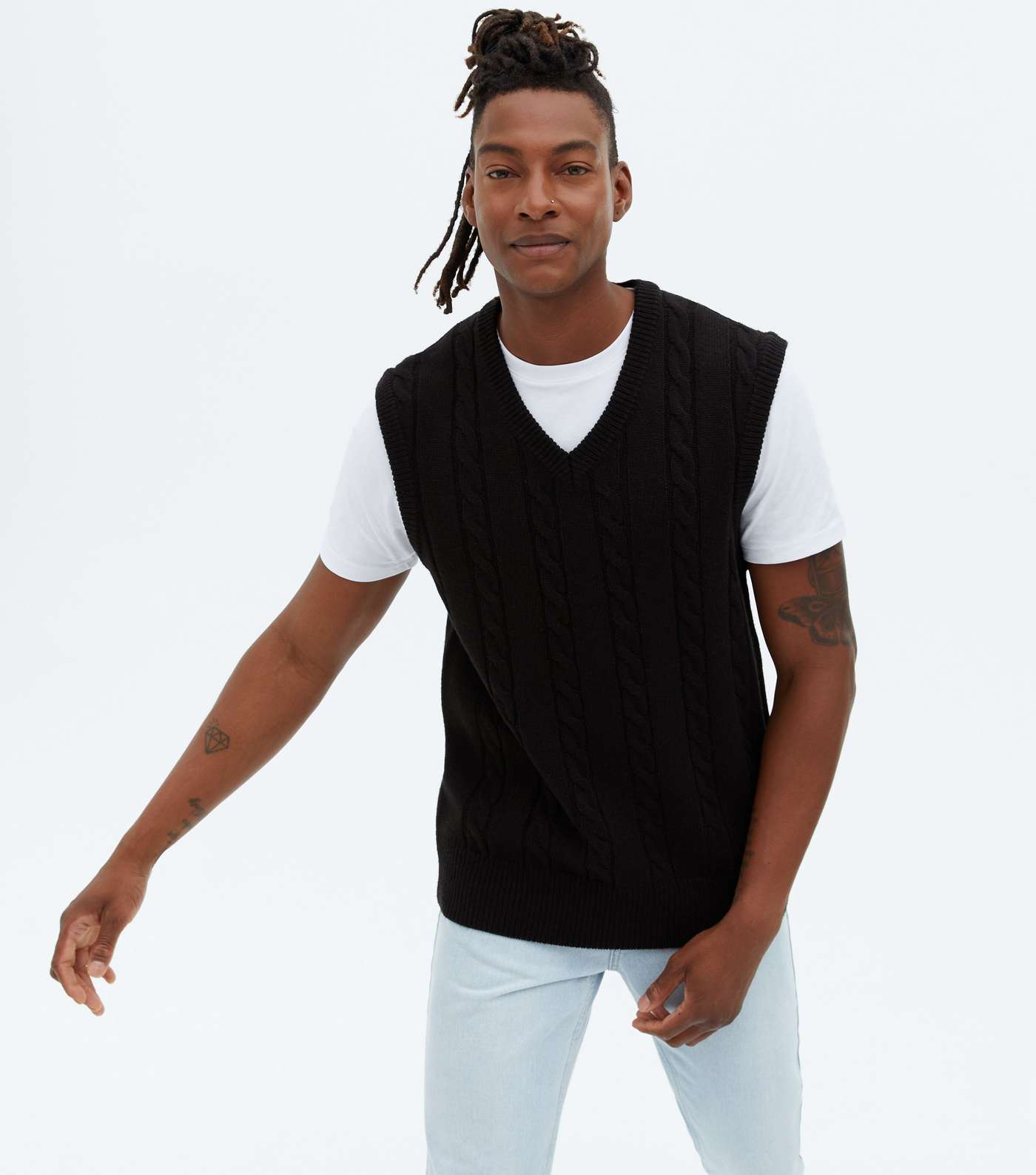 Black Cable Knit Relaxed Fit Vest Jumper