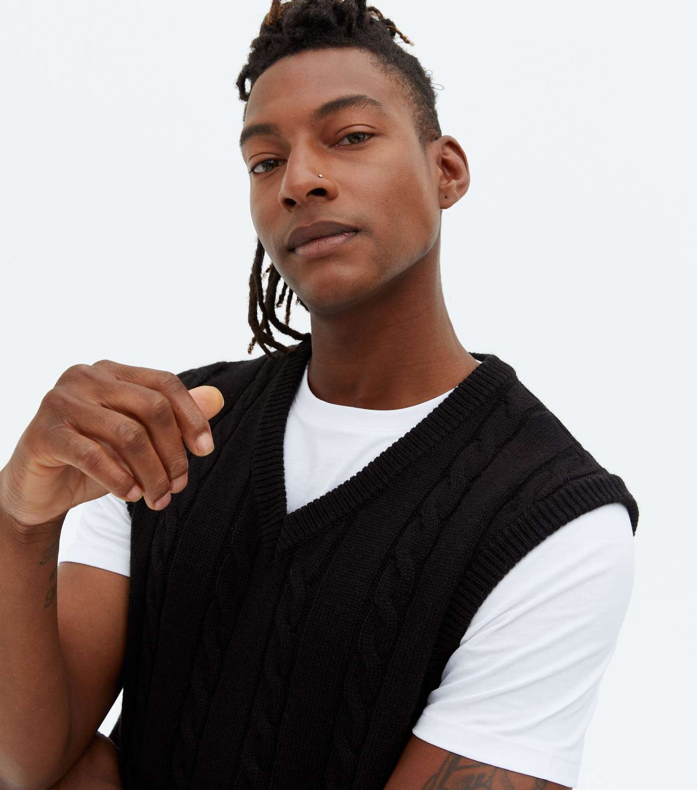 Black Cable Knit Relaxed Fit Vest Jumper Image 3
