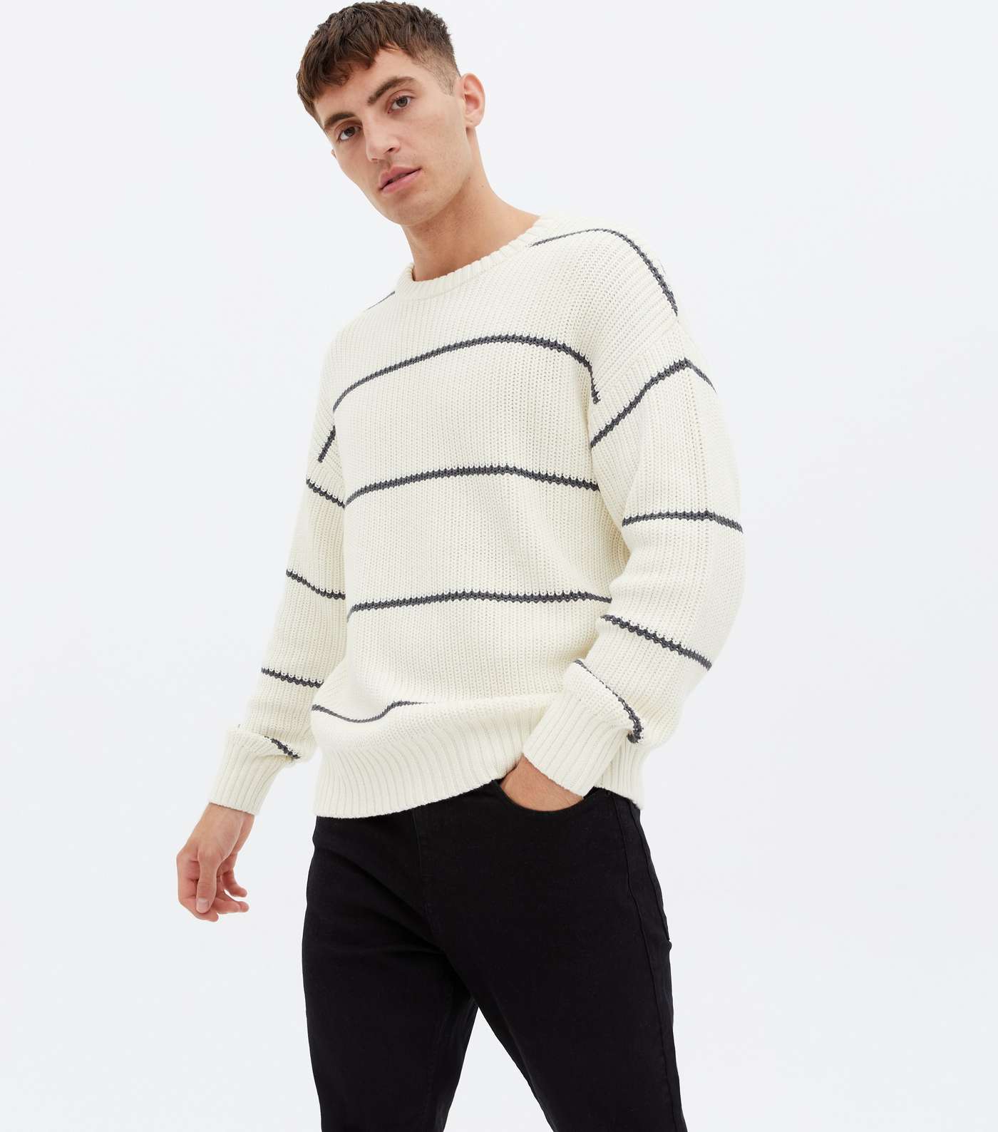 Off White Stripe Ribbed Relaxed Fit Jumper