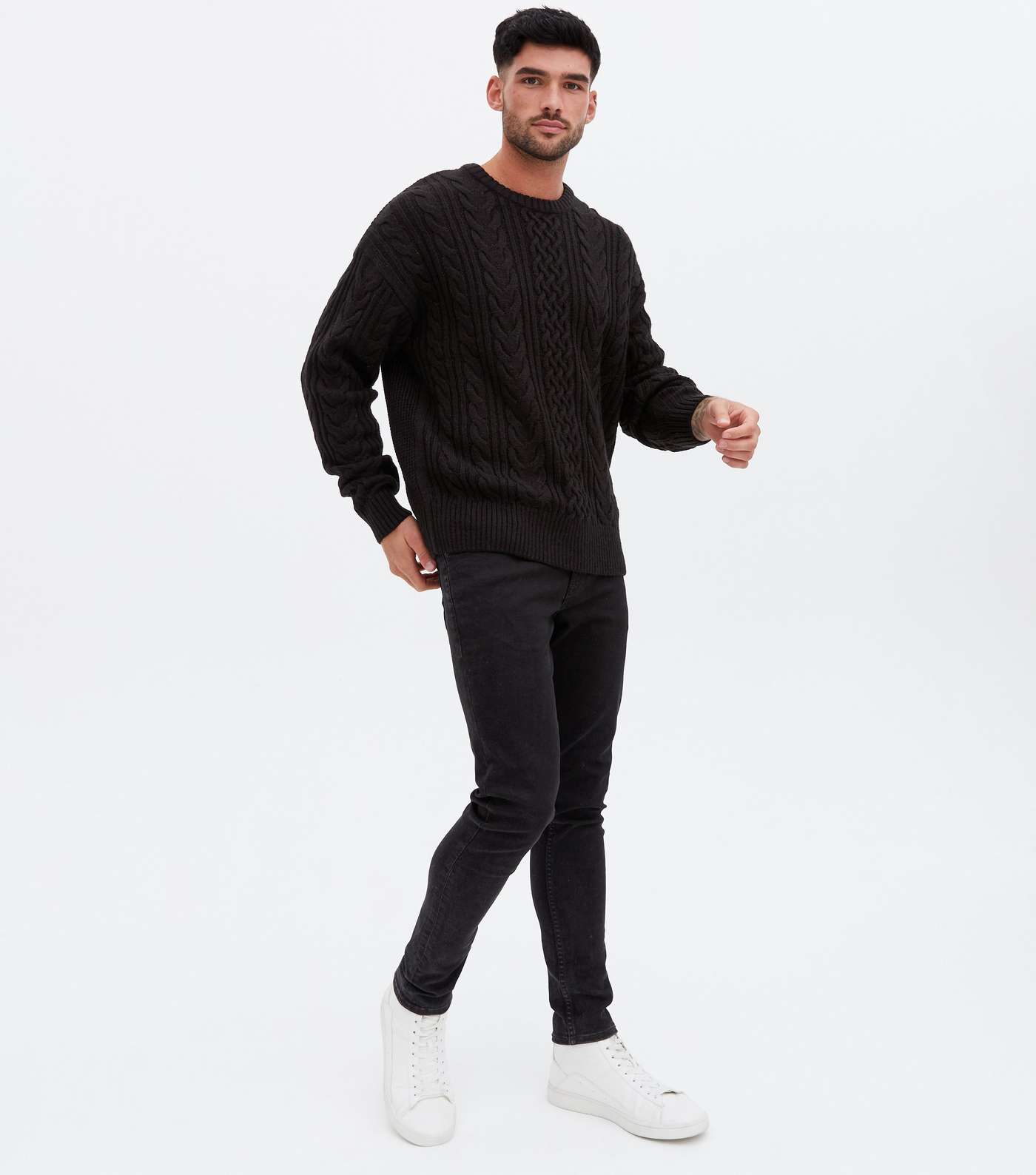 Black Cable Knit Relaxed Fit Crew Jumper Image 2