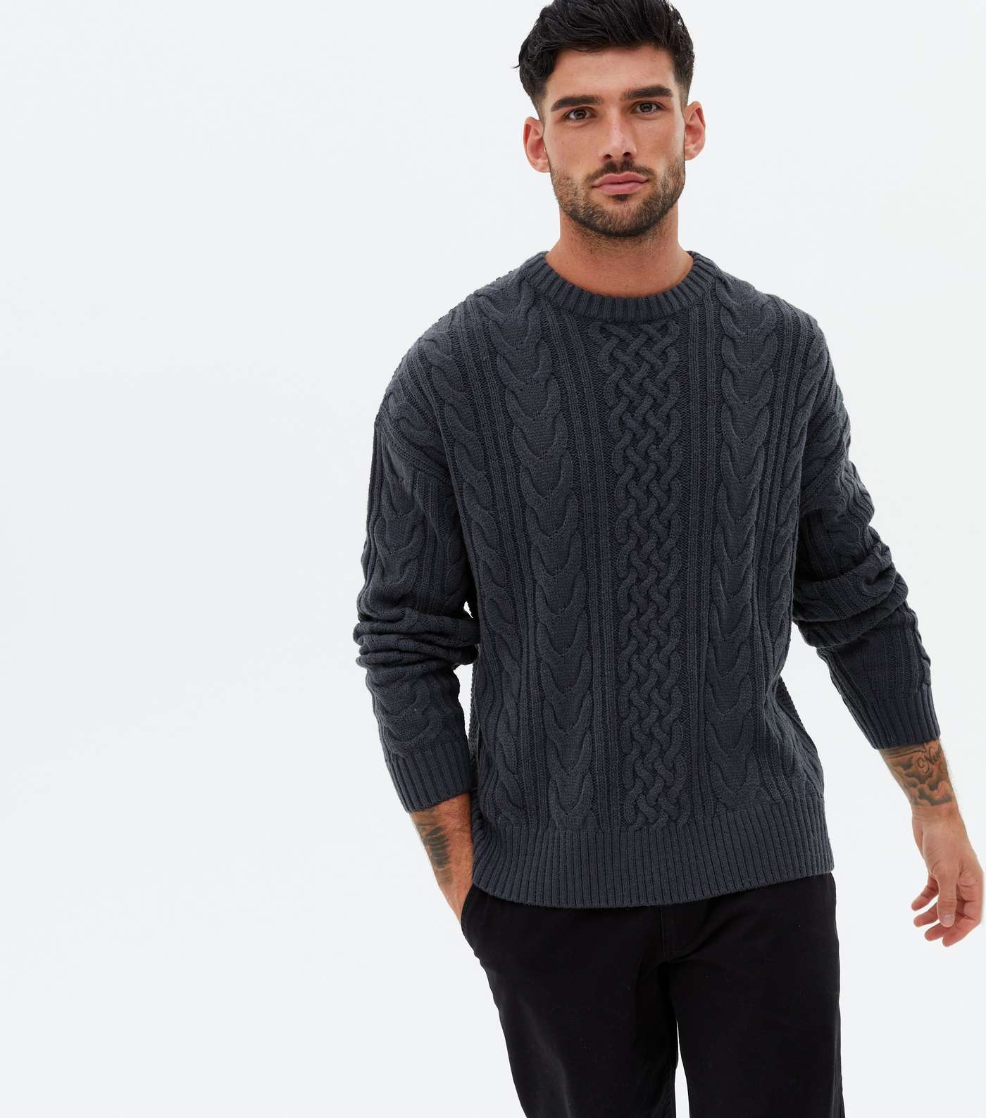 Grey Cable Knit Relaxed Fit Crew Jumper