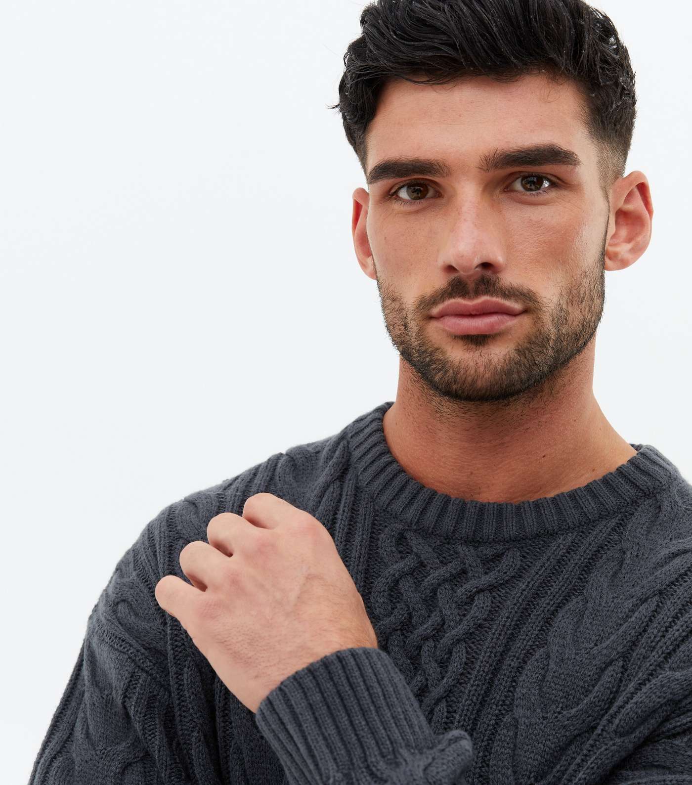 Grey Cable Knit Relaxed Fit Crew Jumper Image 3