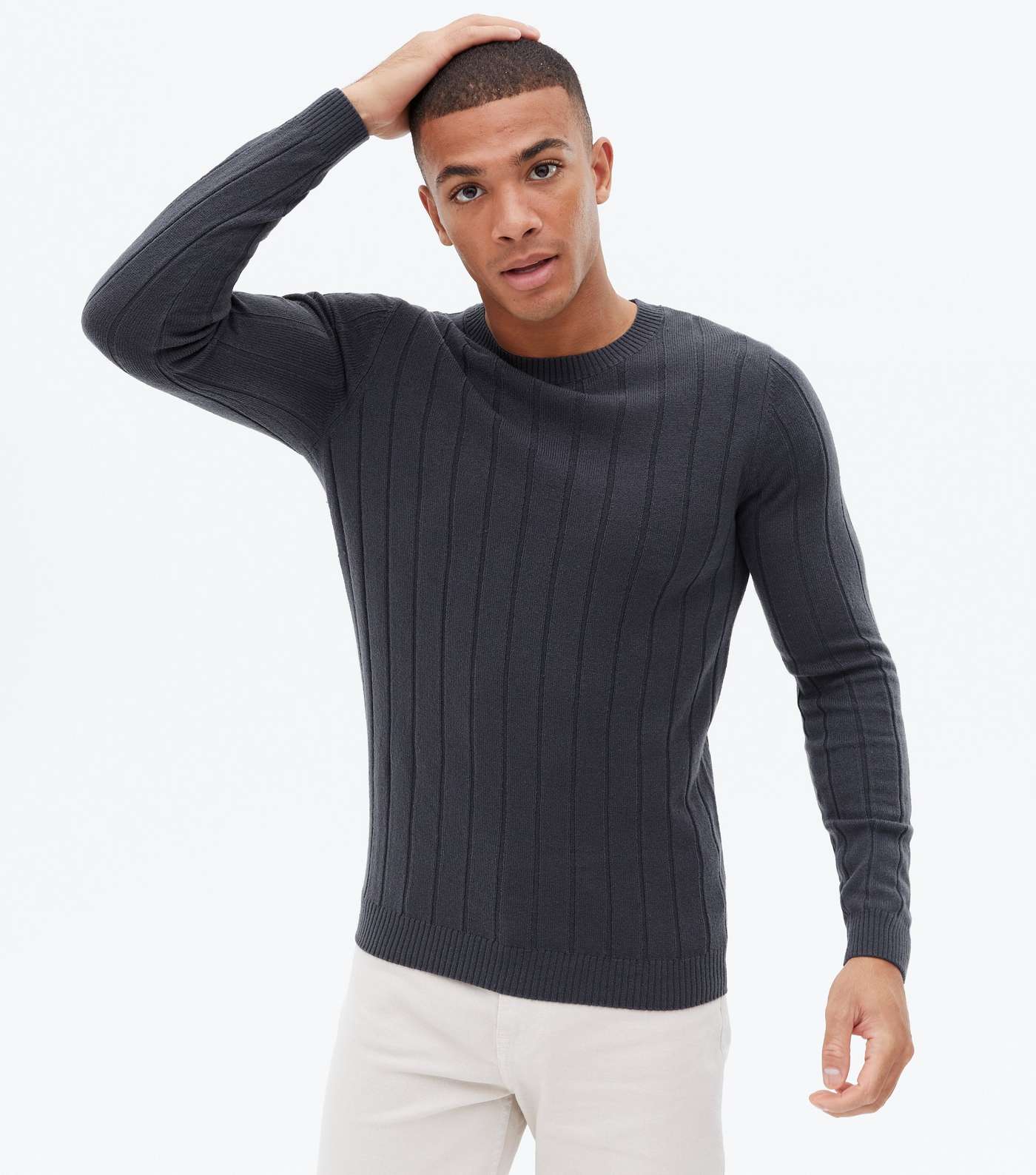 Dark Grey Ribbed Fine Knit Muscle Fit Jumper
