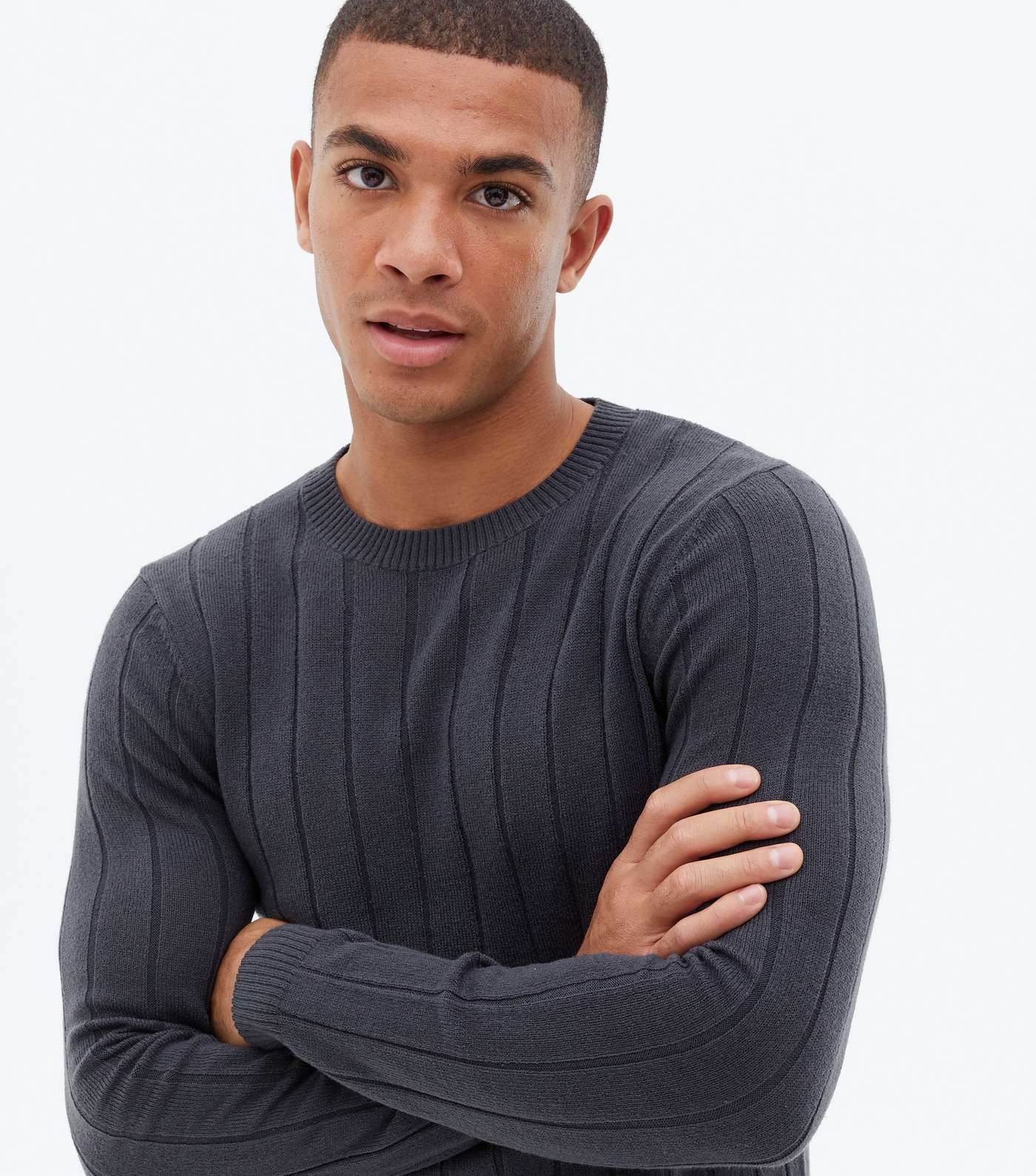 Dark Grey Ribbed Fine Knit Muscle Fit Jumper Image 3