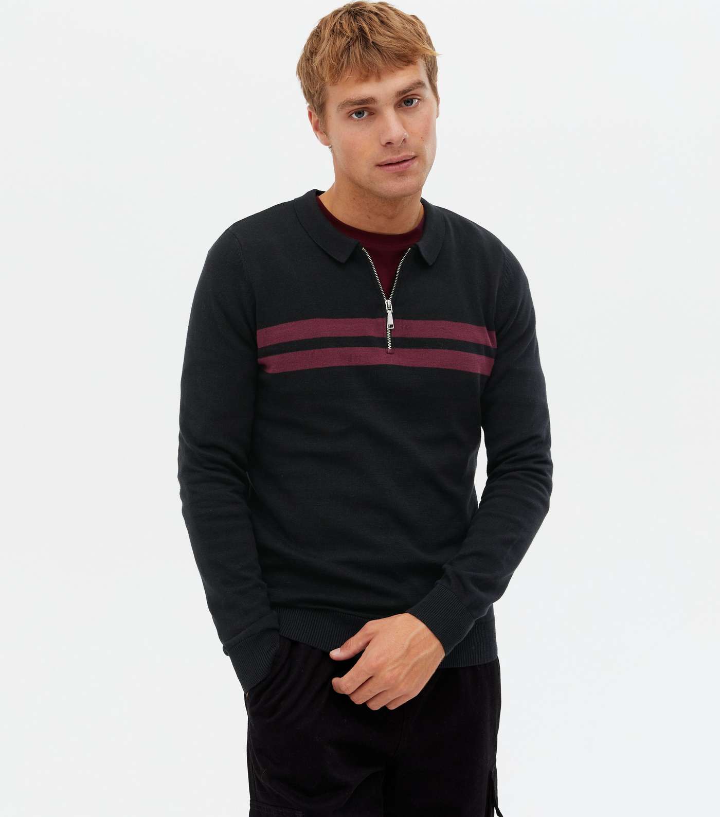 Black Stripe Fine Knit Zip Polo Shirt