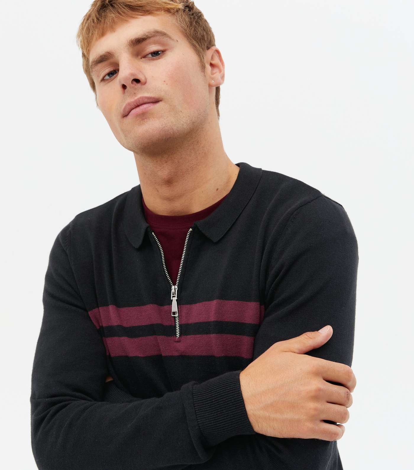 Black Stripe Fine Knit Zip Polo Shirt Image 3