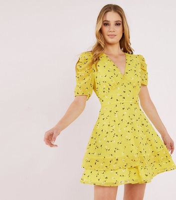 QUIZ Pale Yellow Ditsy Floral Chiffon Mini Dress | New Look