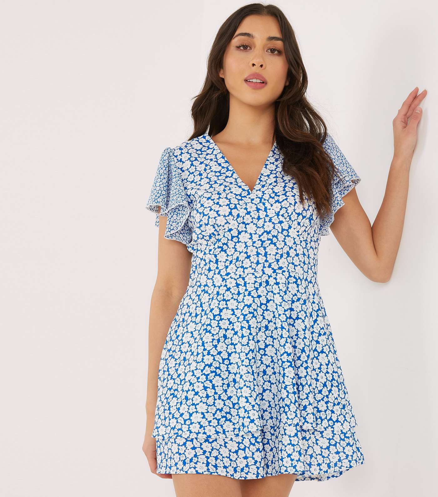 QUIZ Blue Floral Frill Sleeve Playsuit