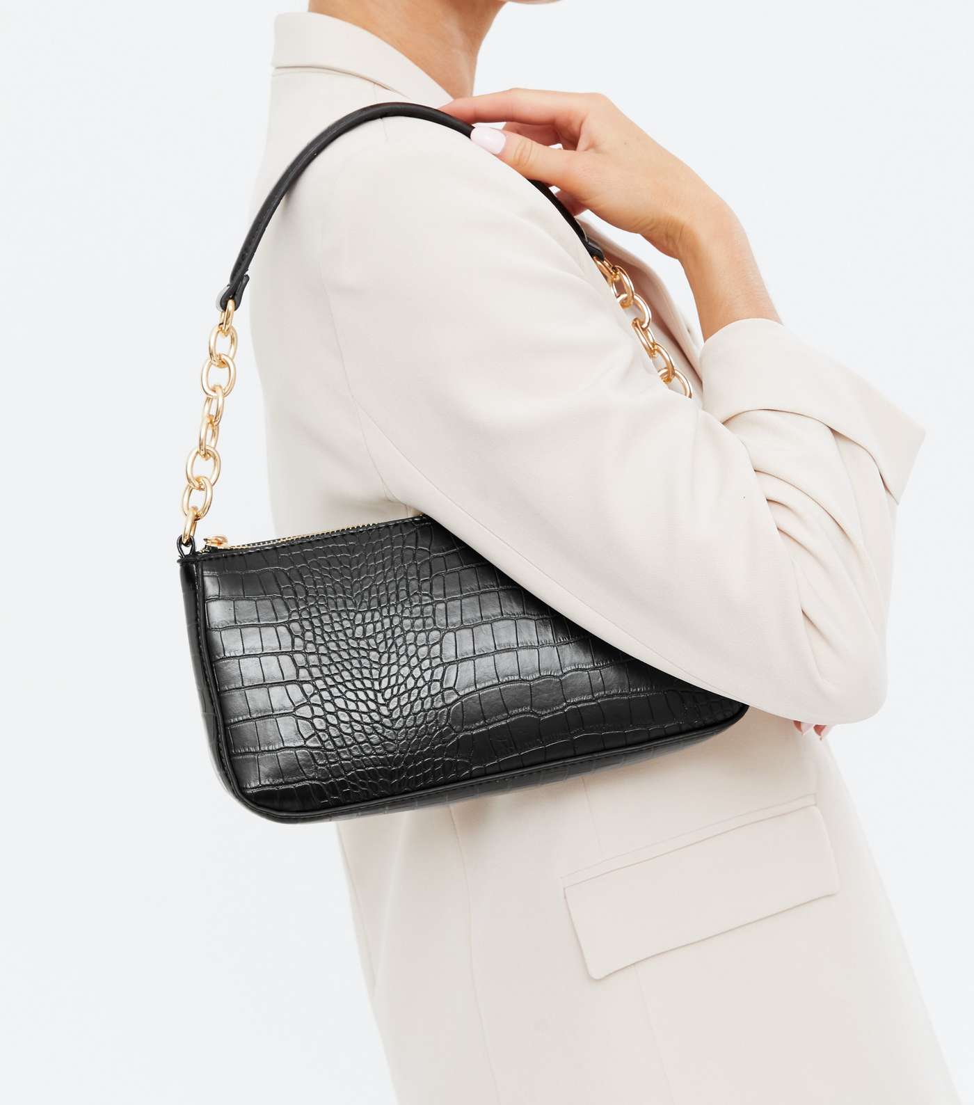 Black Faux Croc Chain Shoulder Bag Image 2