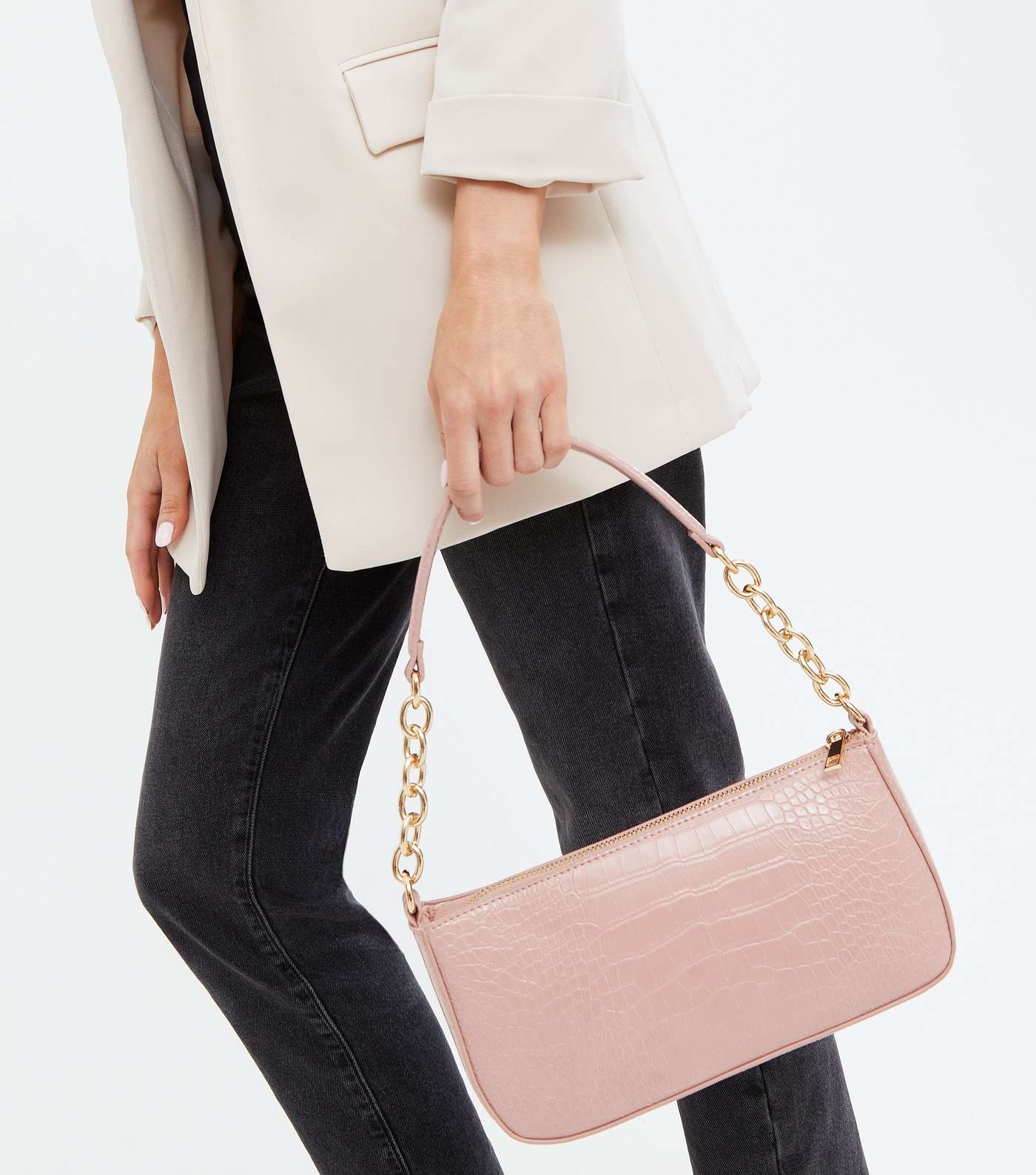 Pale Pink Faux Croc Chain Shoulder Bag Image 2