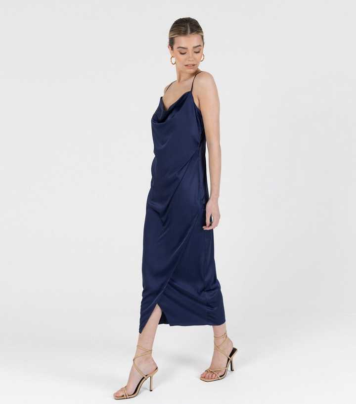 Zibi London Navy Satin Midi Slip Dress | New Look