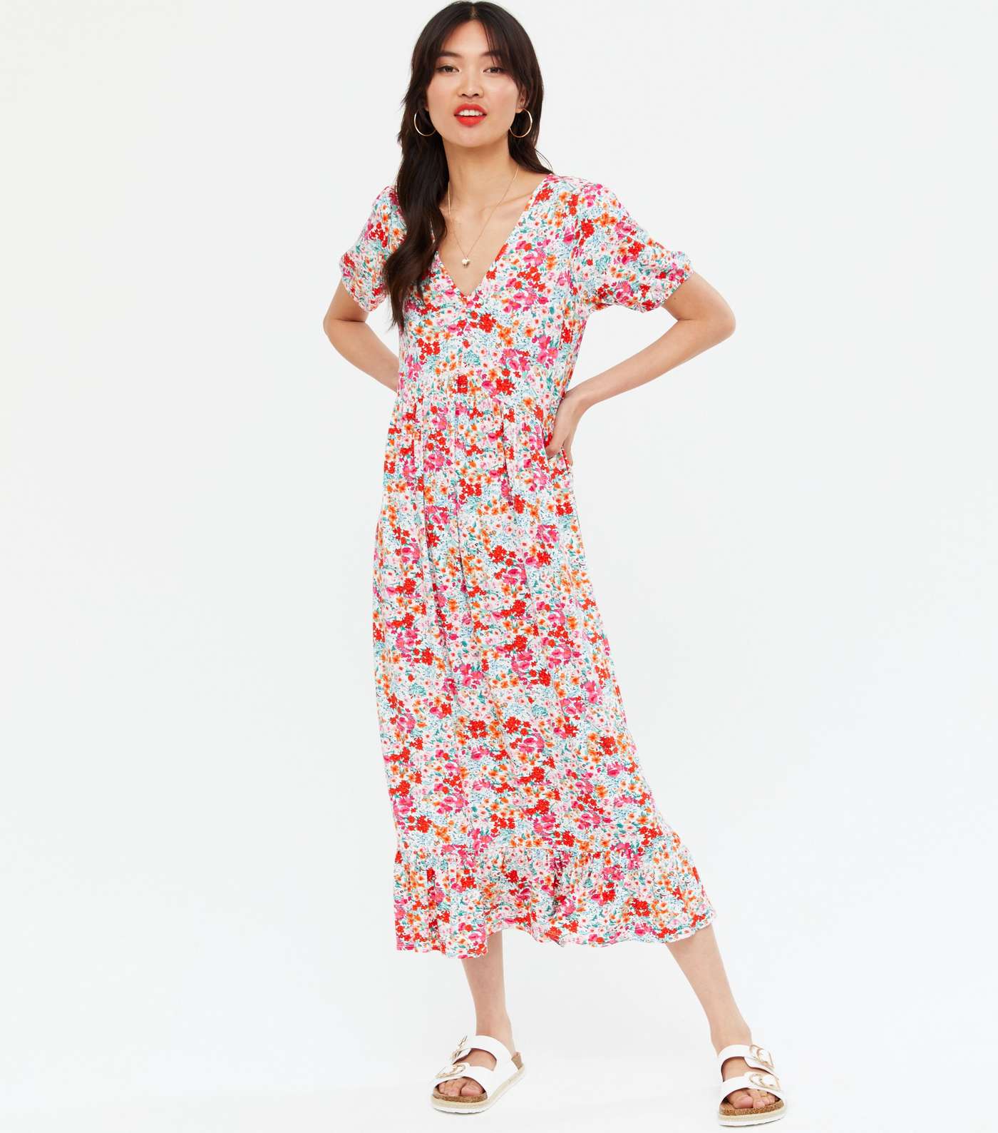 Pink Floral Tiered Midi Dress Image 2