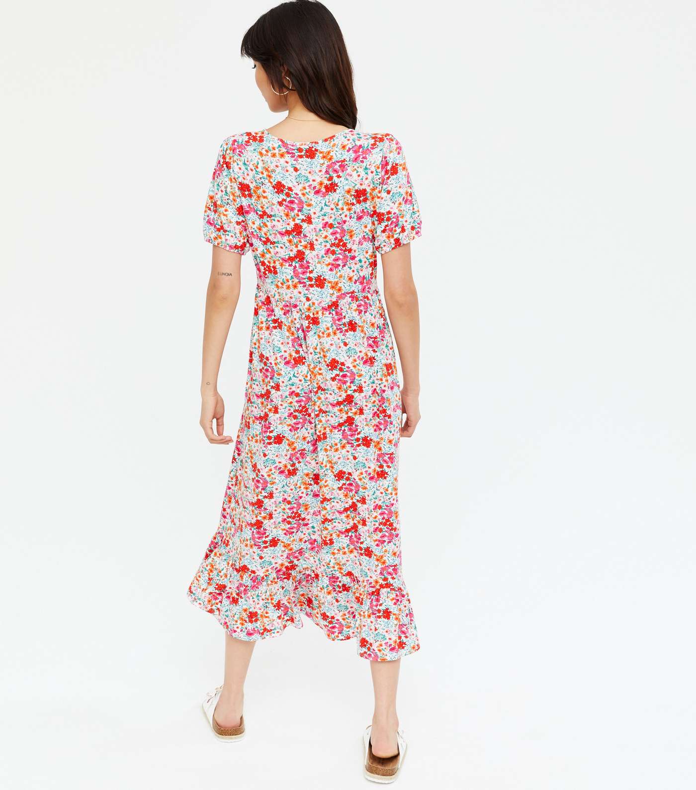 Pink Floral Tiered Midi Dress Image 4