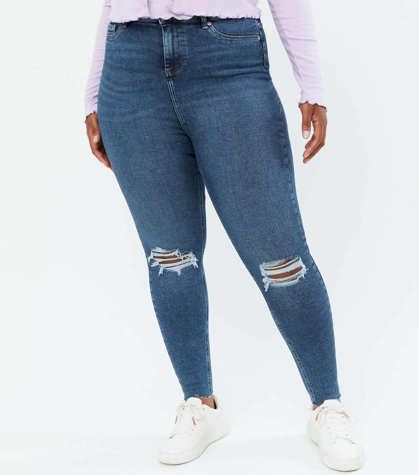 Curves Blue Rinse Wash Ripped High Waist Hallie Super Skinny Jeans Image 2