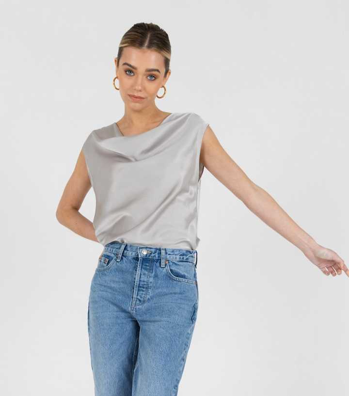 Zibi London Pale Grey Satin Cowl Neck Blouse