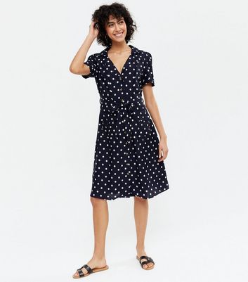 Yumi Navy Spot Puff Sleeve Shirt Dress 