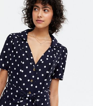 Yumi Navy Spot Puff Sleeve Shirt Dress New Look