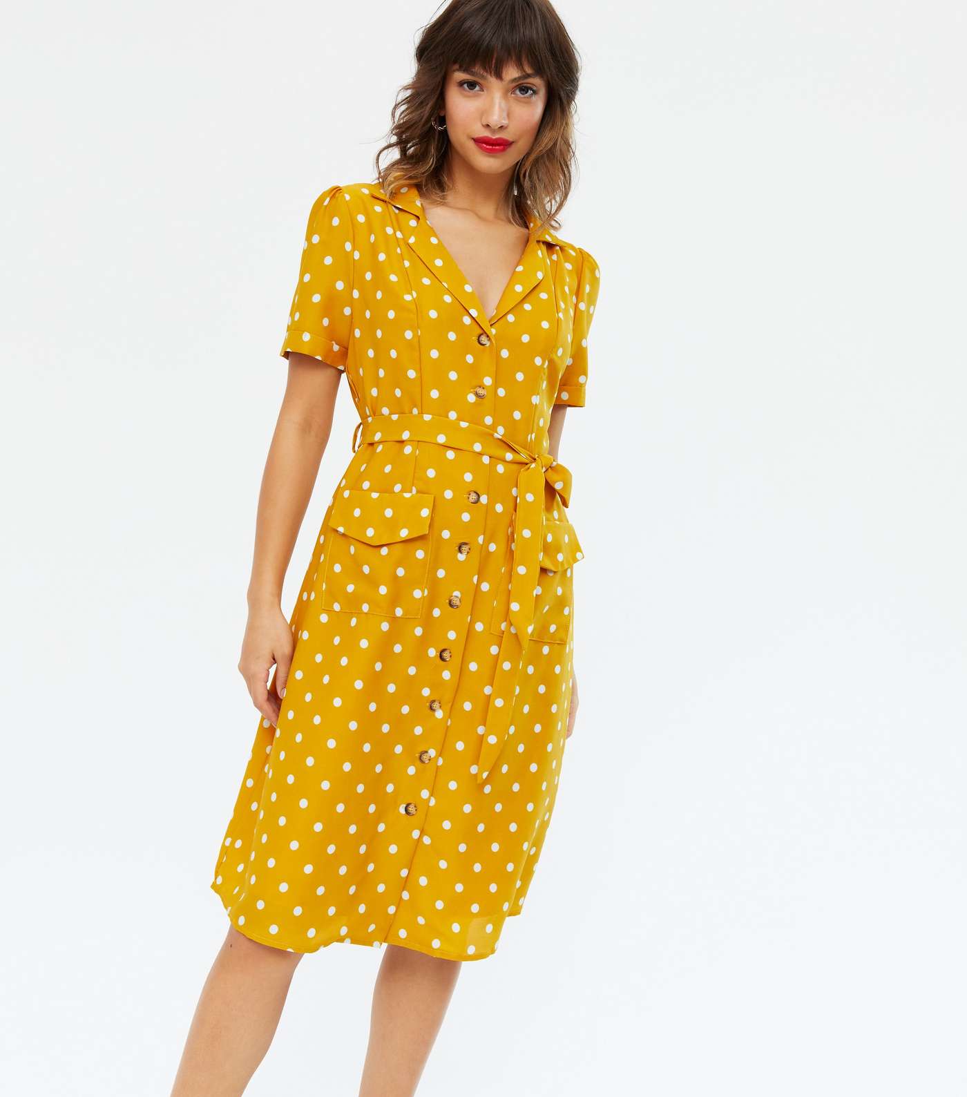 Yumi Yellow Spot Puff Sleeve Shirt Dress Image 2