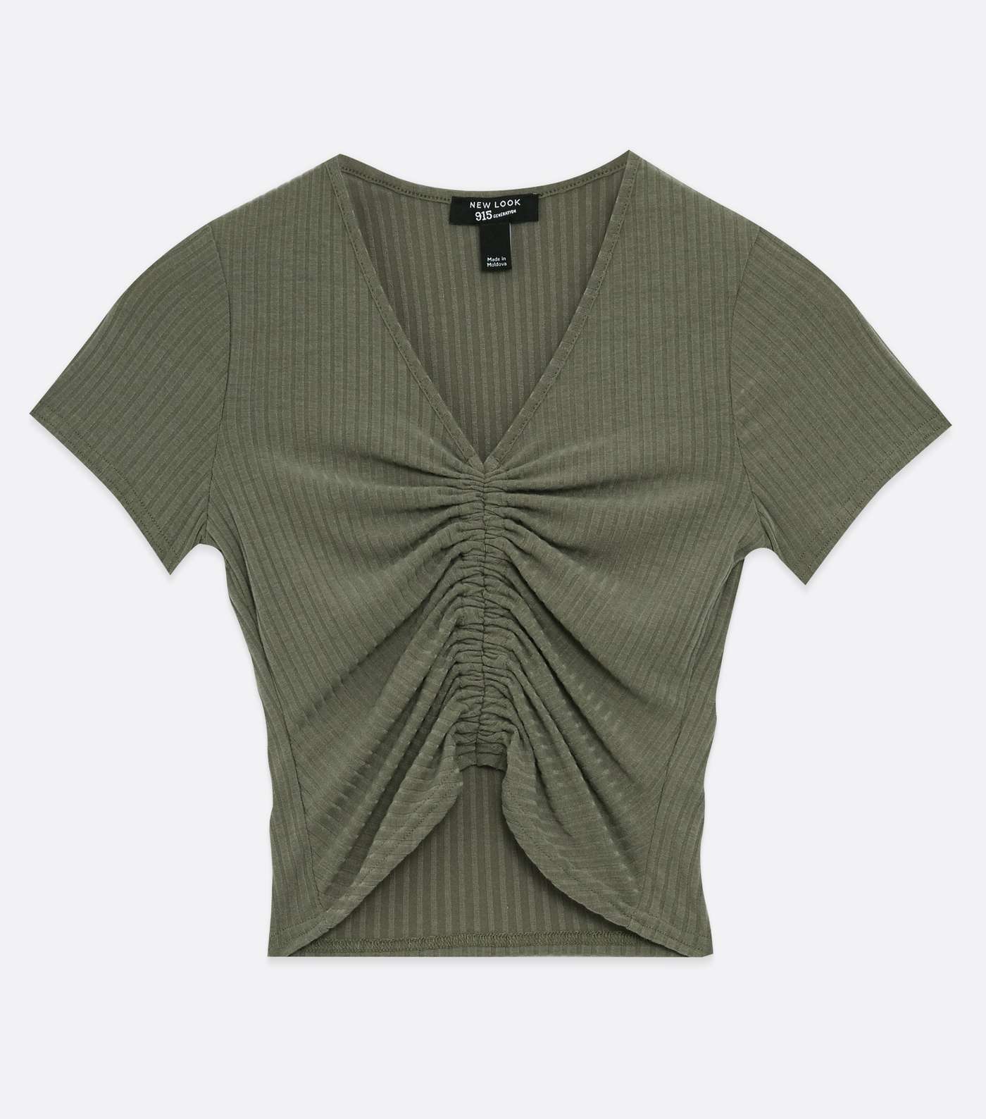 Girls Olive Ribbed Ruched Front T-Shirt Image 5