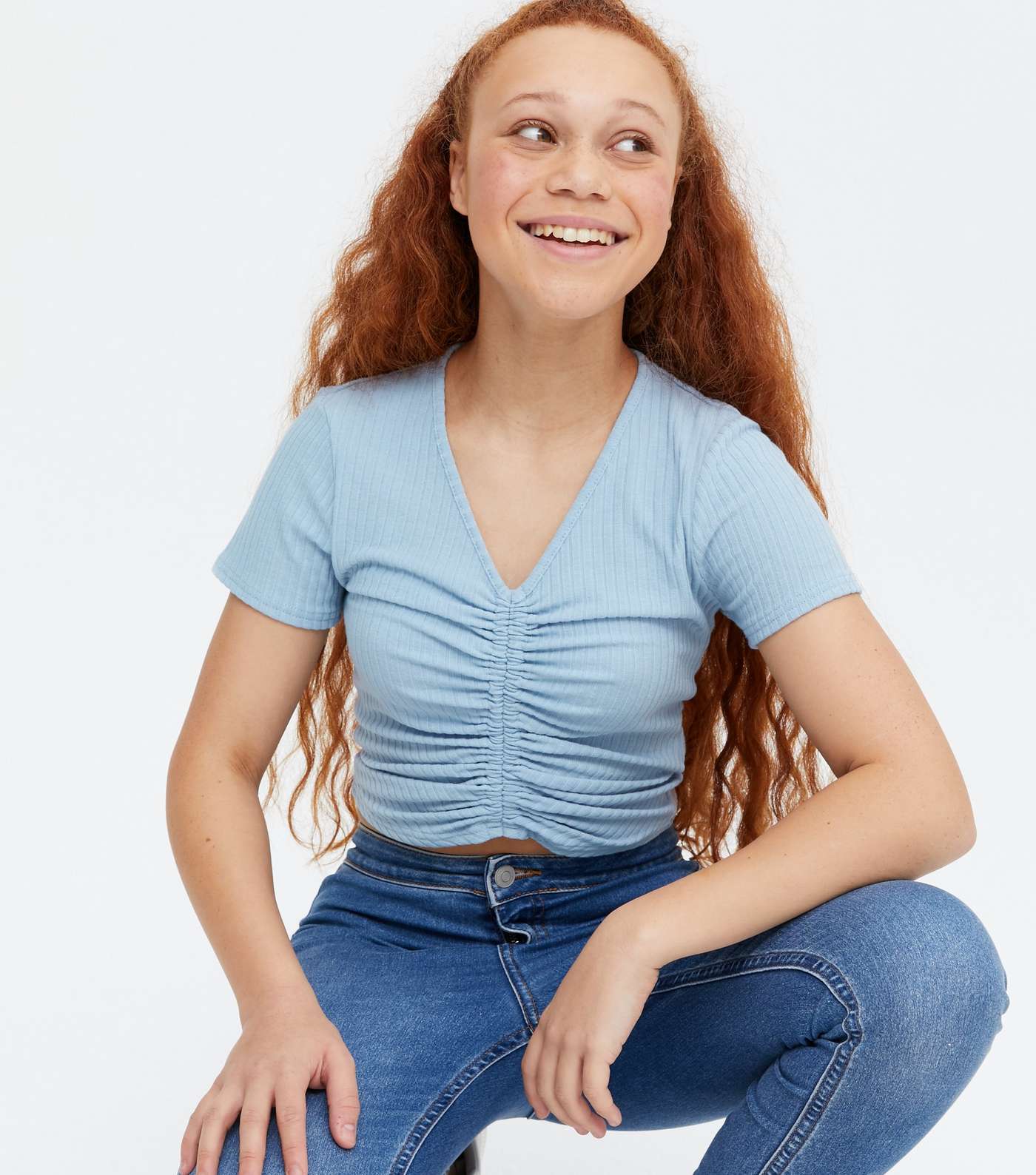 Girls Pale Blue Ribbed Ruched Front T-Shirt