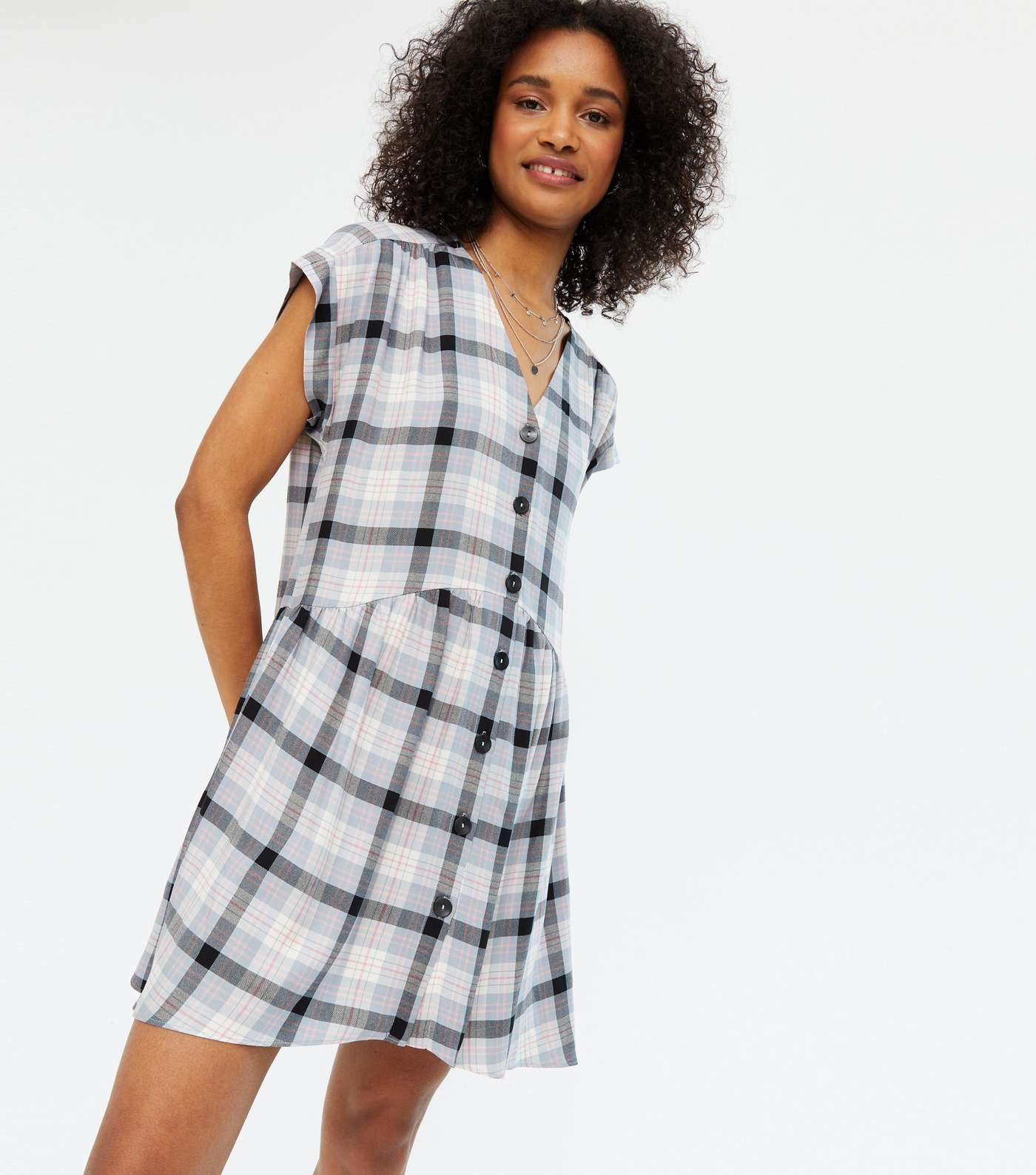 White Check Button Front Smock Dress