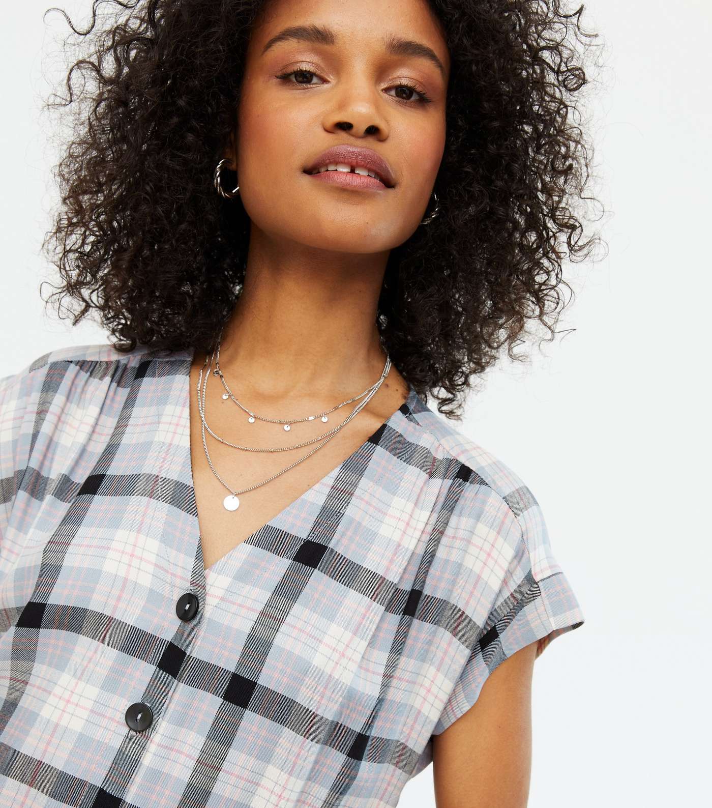 White Check Button Front Smock Dress Image 3