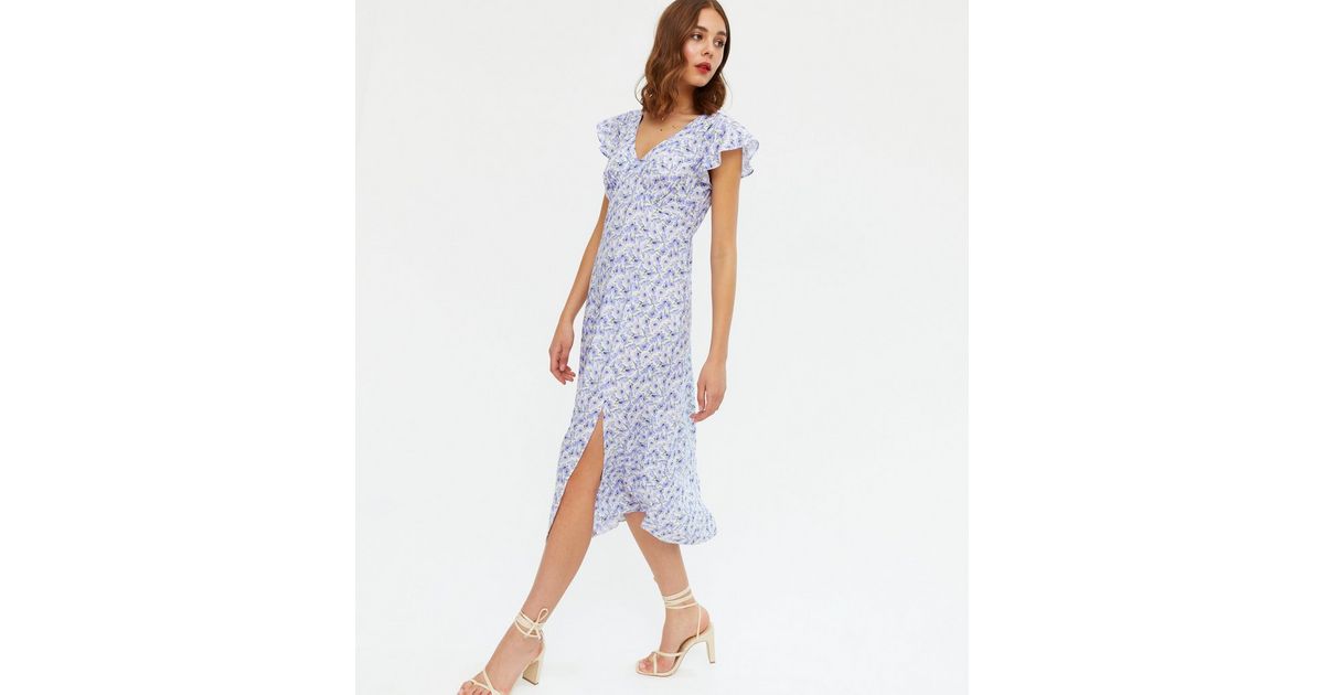 Blue Floral V Neck Flutter Sleeve Split Midi Dress | New Look