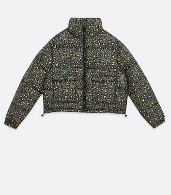 green leopard print puffer jacket