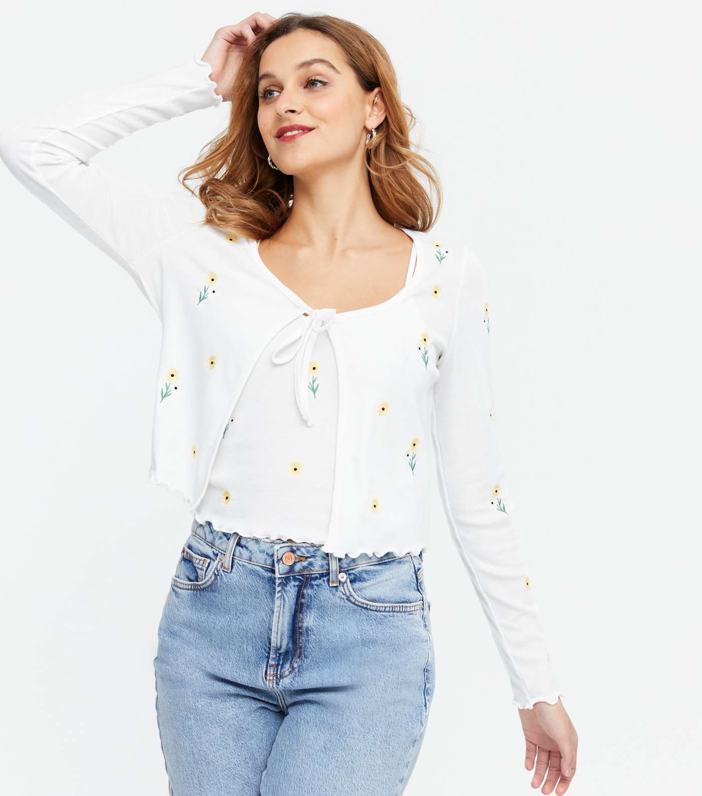 White Sunflower Ribbed Tie Front Cardigan