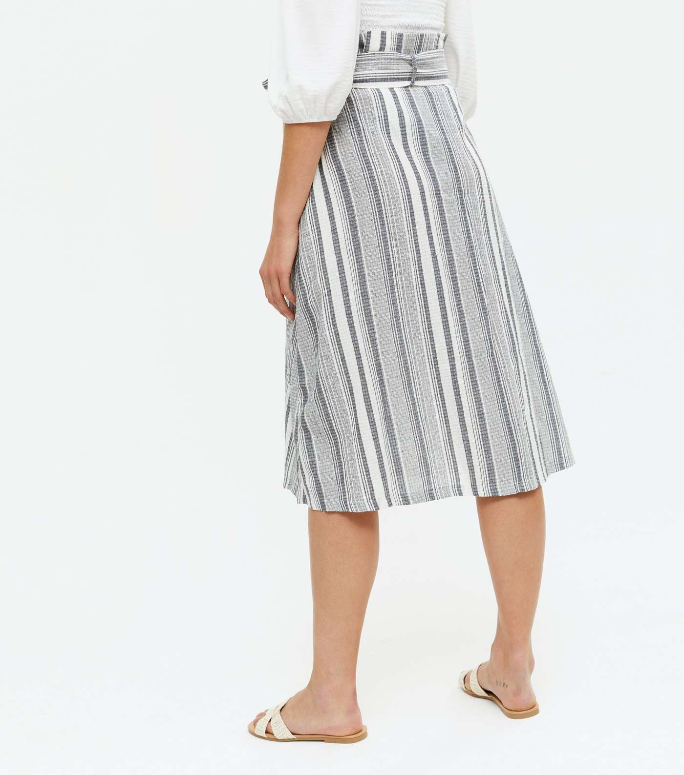 Blue Vanilla Blue Stripe Tie Waist Button Midi Skirt Image 4