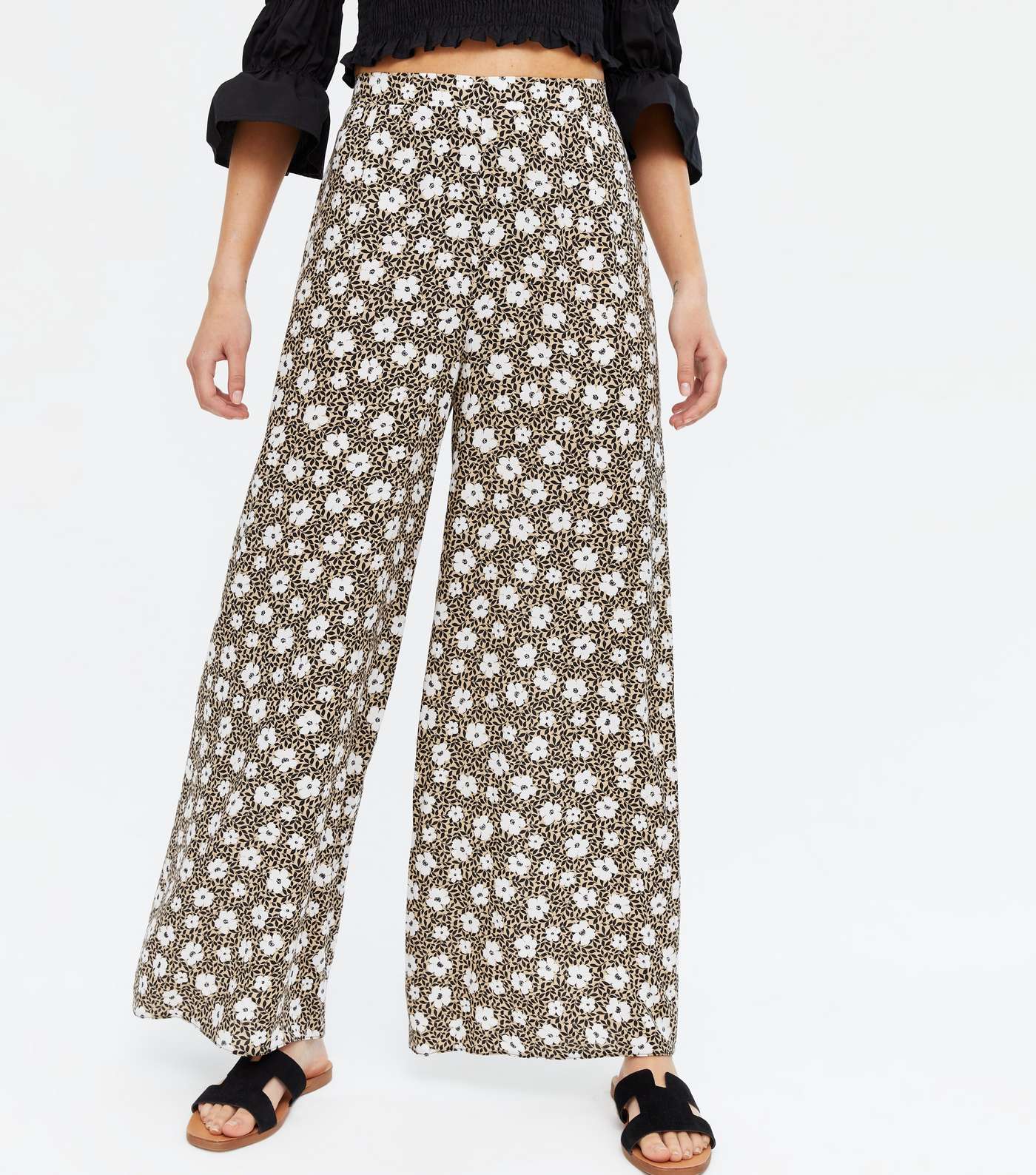 Brown Floral Leaf Wide Leg Trousers Image 2