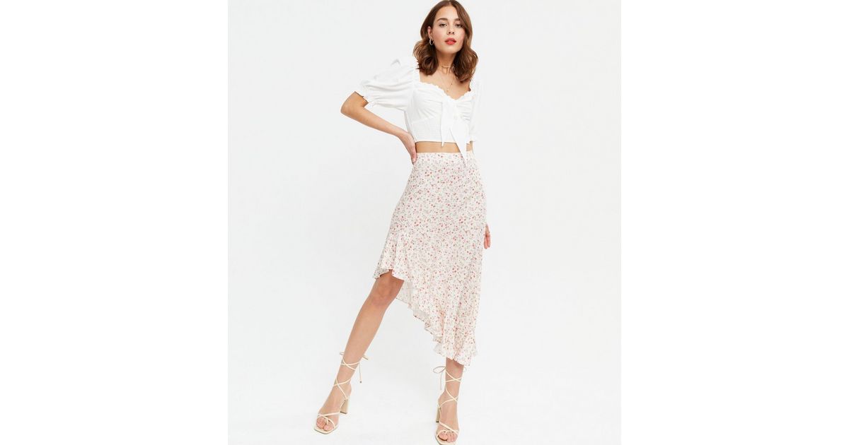 White Ditsy Floral Asymmetric Midi Skirt | New Look