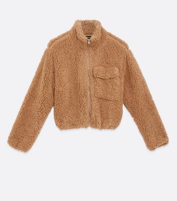 Wednesday's Girl Camel Teddy High Neck Jacket | New Look