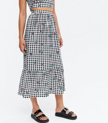 Black Floral Gingham Tiered Midi Skirt New Look