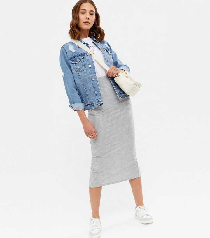 Grey Ribbed Midi Skirt Look
