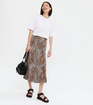 Brown Leopard Print Jersey Midi Skirt 