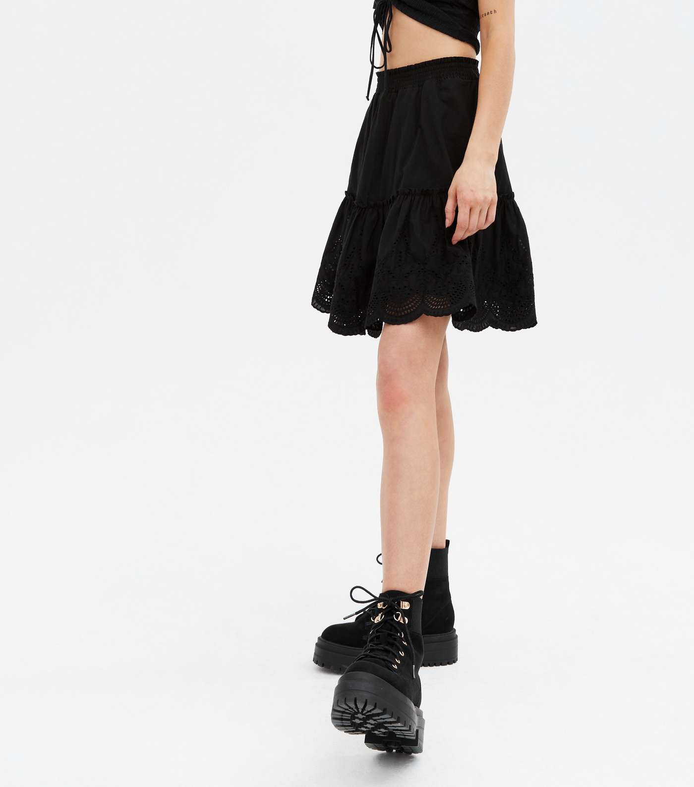 Black Broderie Tiered Mini Skirt Image 2