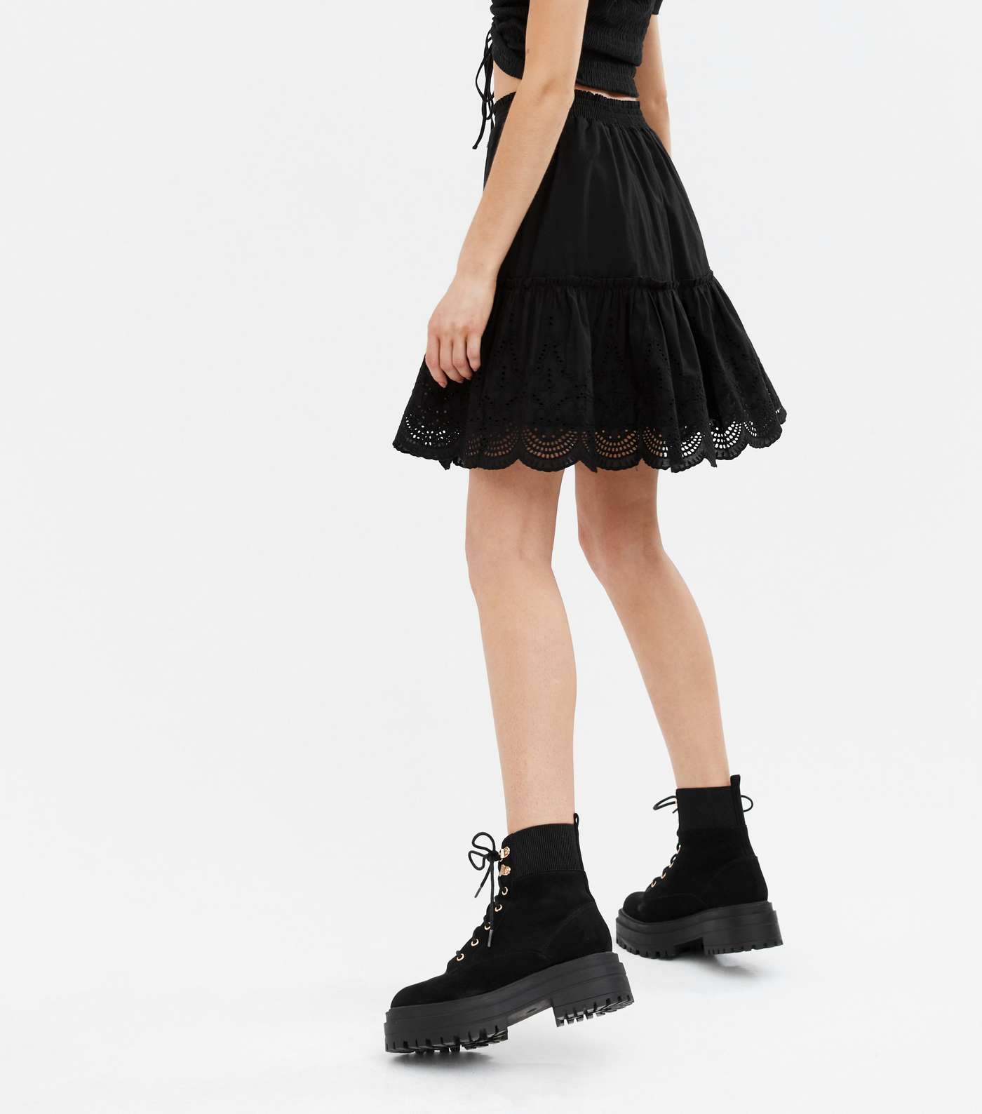 Black Broderie Tiered Mini Skirt Image 4
