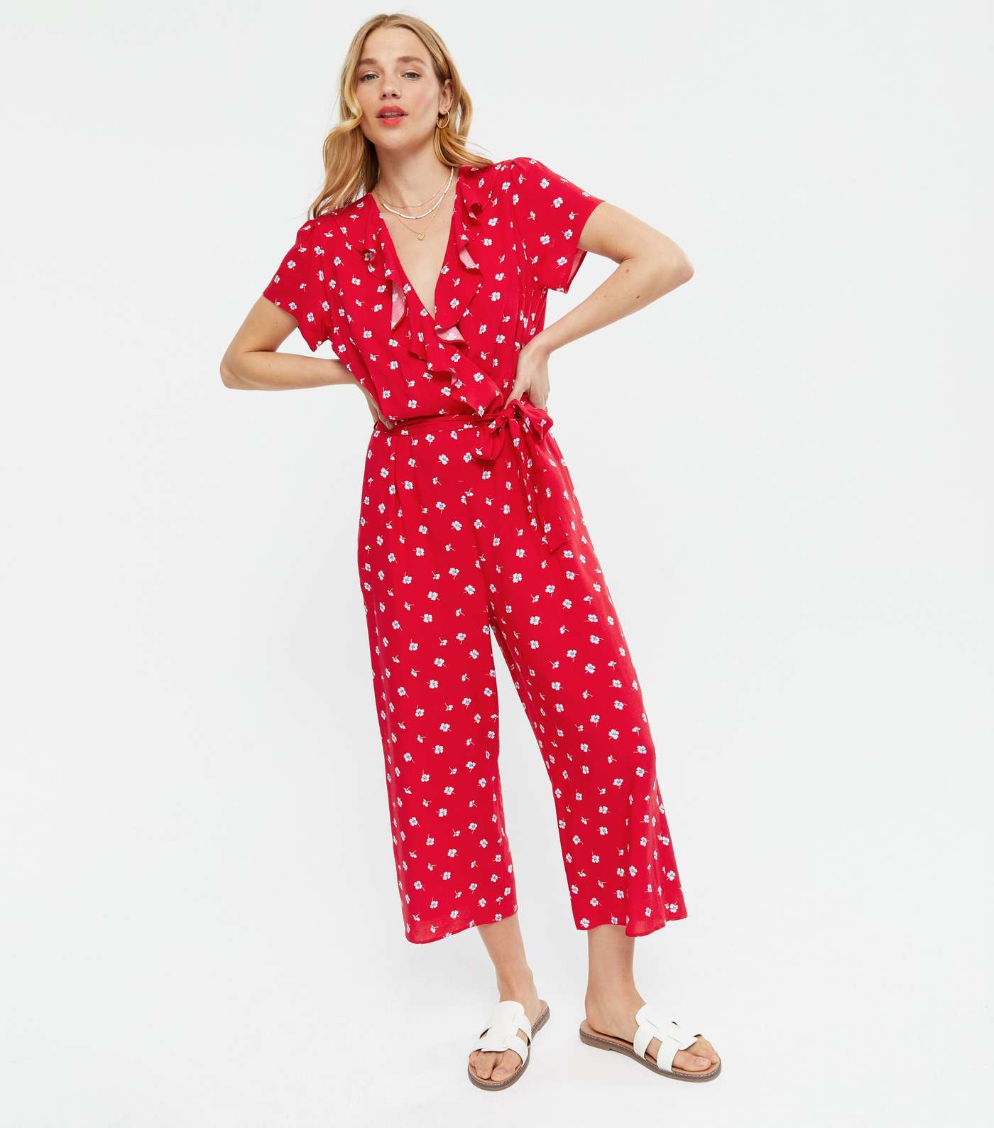 Red Floral Ruffle Wrap Crop Jumpsuit