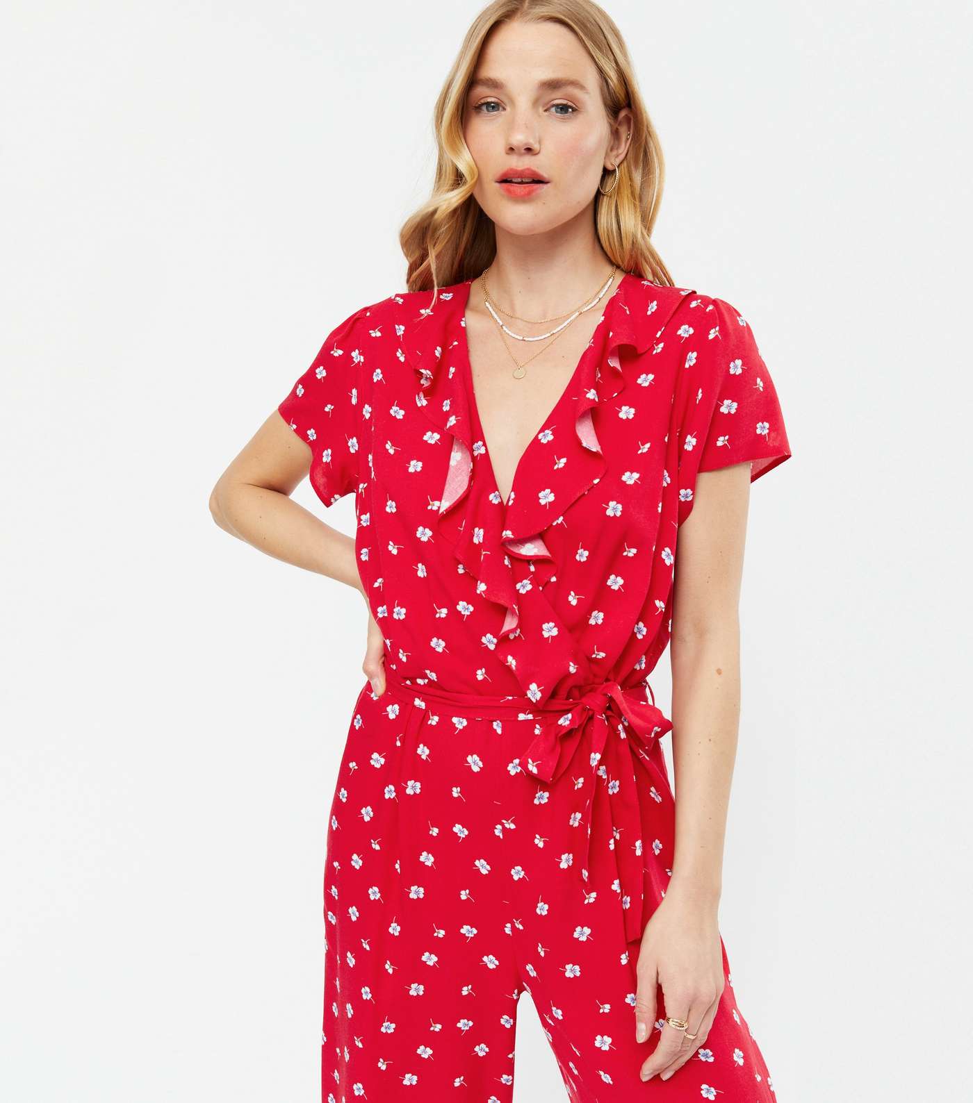 Red Floral Ruffle Wrap Crop Jumpsuit Image 3