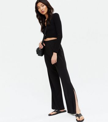 Black High Waist Side Split Trousers 