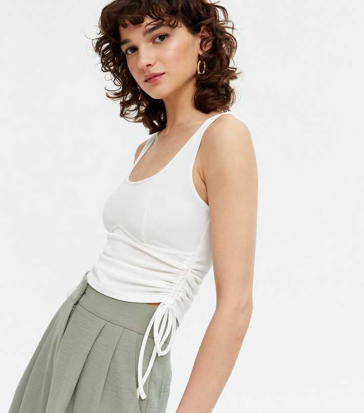 White Ribbed Exposed Seam Ruched Side Vest