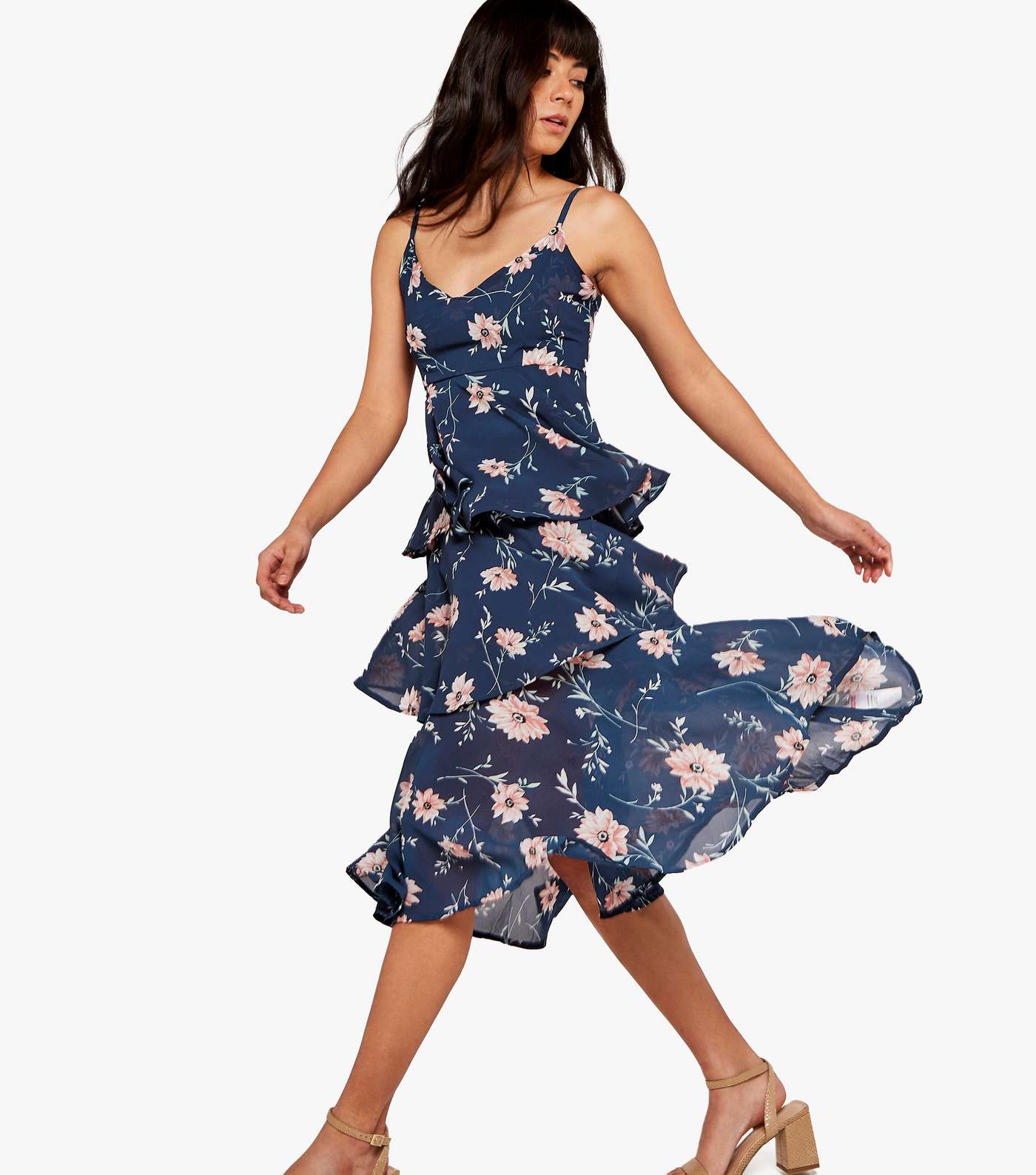 Apricot Navy Floral Tiered Midi Dress Image 2