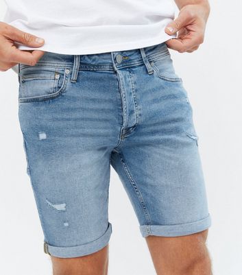 Men's Light Blue Slim Fit Ripped Denim Shorts | JMOJO