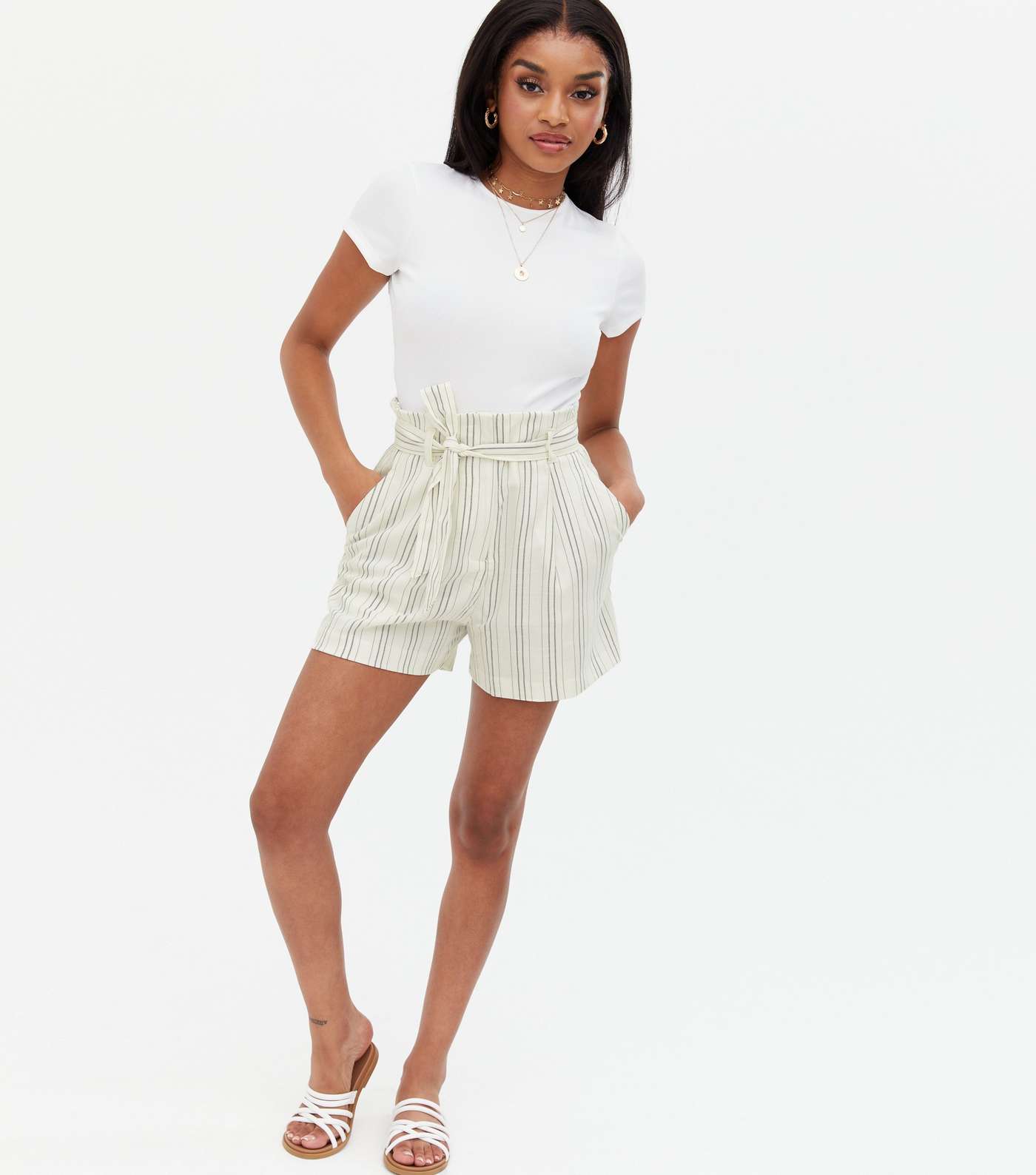 Petite White Stripe Linen Look Belted Shorts