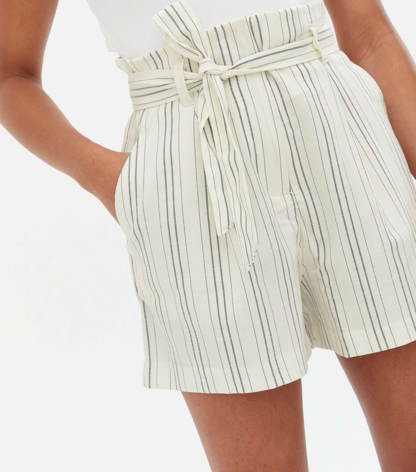 Petite White Stripe Linen Look Belted Shorts Image 3