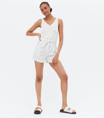 Tall White Stripe Linen Look Belted Shorts