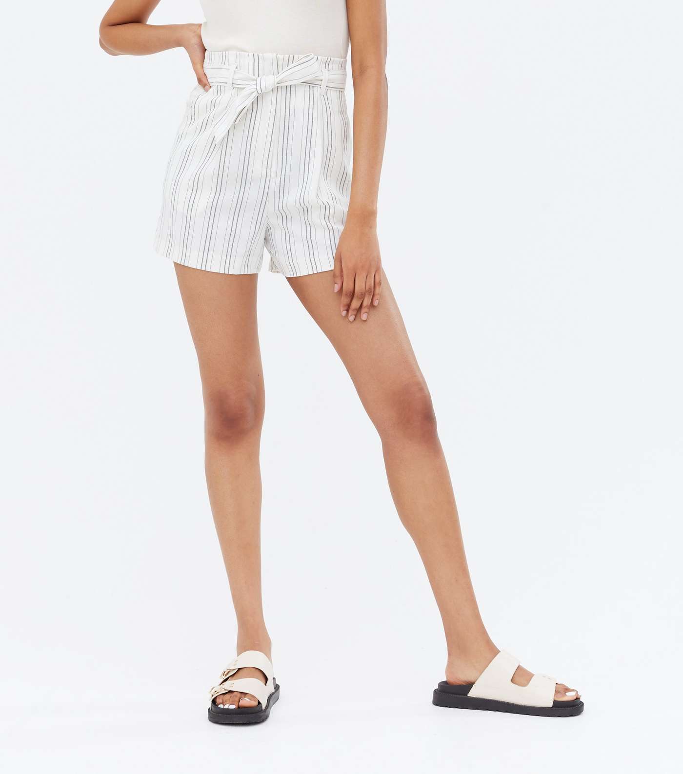 Tall White Stripe Linen Look Belted Shorts Image 2
