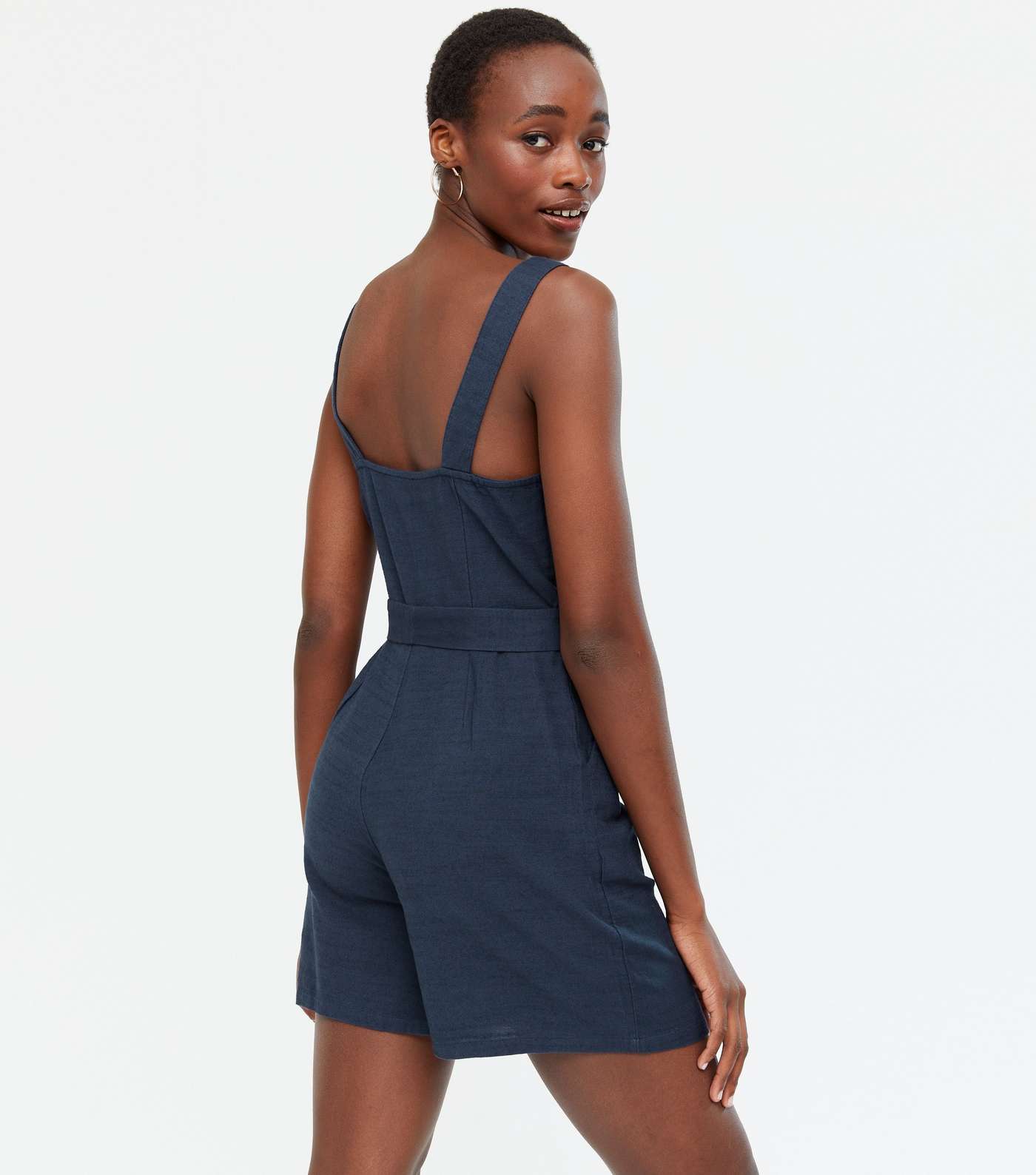 Tall Navy Button Square Neck Belted Playsuit Image 4